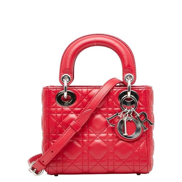 Dior Canage Lady Dior Handbag Shoulder Bag 2WAY Red Leather Women's Dior - Picture 1 of 10